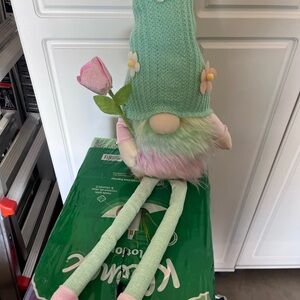 Spring Mint Green Gnome Plush with Pink Rose